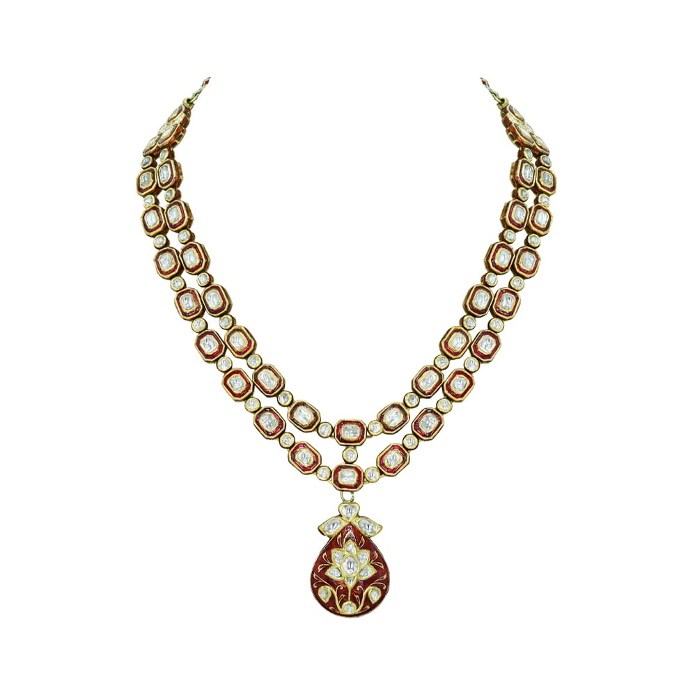 Double-Layer Polki Necklace with Red Enamel and Floral Pendant